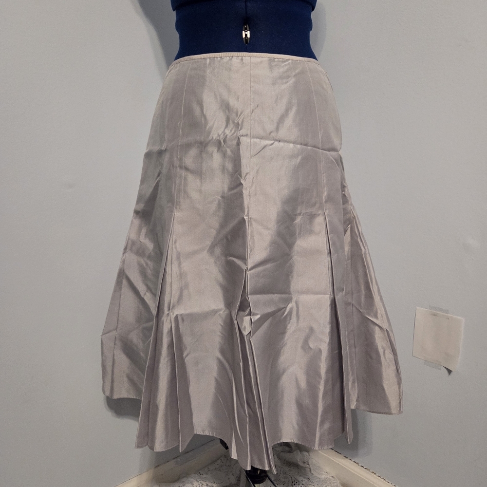 Vintage Silver Silk Pleated Midi Skirt Size 8